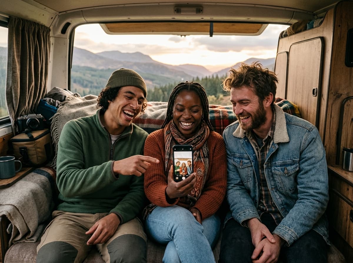 Friends smiling together looking at photos
