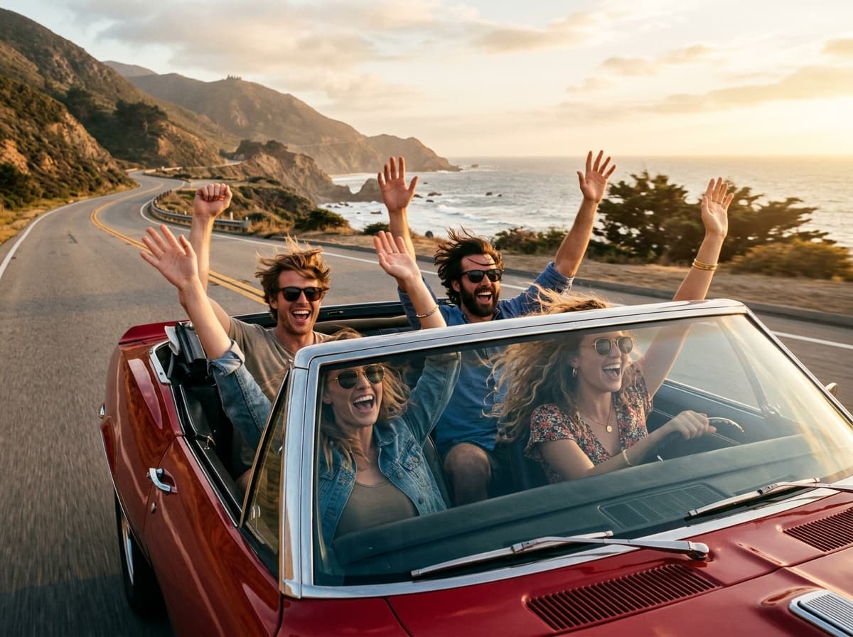 Friends celebrating on a sunny road trip